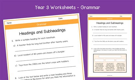 Year 3 | Headings and Subheadings (Grammar) Worksheets | KS2 Grammar ...