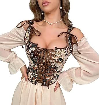 Xuoaz Renaissance Floral Corset Tops For Women Vintage Lace Up Bustier Overbust Lingerie Going