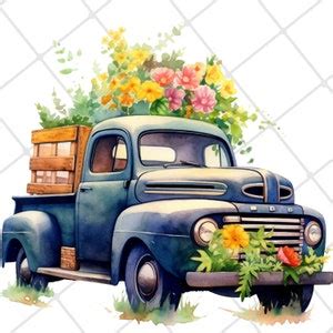 Rustic Trucks With Flowers Clipart Png Digital Paper Crafting