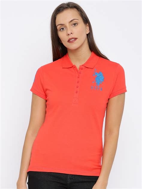 Buy U S Polo Assn Women Coral Pink Solid Polo Collar T Shirt Tshirts For Women 2026809 Myntra