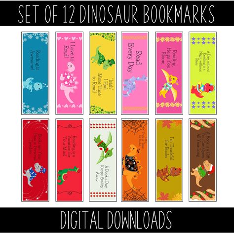 Monthly Dinosaur Bookmarks With Reading Quotes Set Of 12 Etsy España