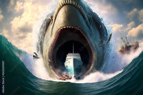 Giant deep sea megalodon shark monster eating an ocean cruiser ship illustration Stock ...