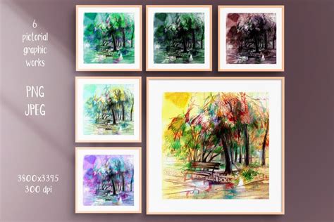 6 Handmade watercolor drawing. Park landscape.