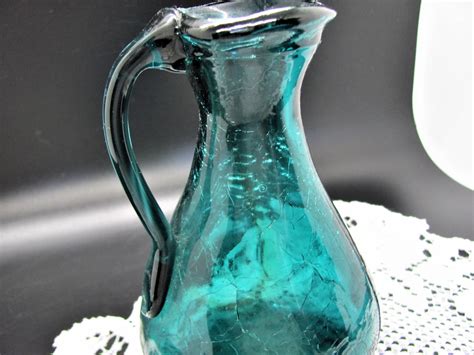 Pilgrim Glass Teal Crackle Glass Pitcher Jug Vintage Etsy