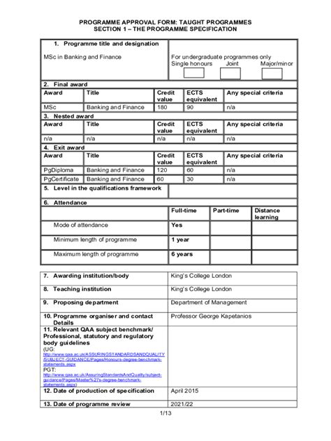 Fillable Online 1 13 PROGRAMME APPROVAL FORM King S College London