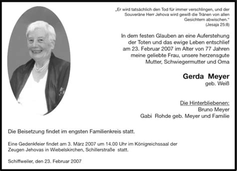 Traueranzeigen Von Gerda Meyer Saarbruecker Zeitung Trauer De