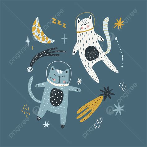 Cute Cats Astronauts Traveling In Outer Space Illustration Colored