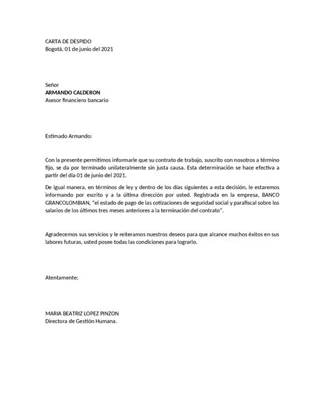 Carta De Terminacion De Contrato Sin Justa Causa Fioricet