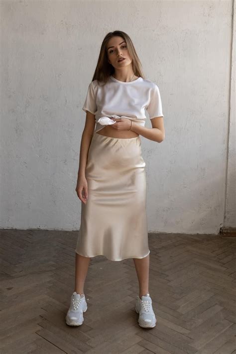 Pure Silk Skirt 100 Silk Midi Skirt Pearl White Satin Skirt Satin Midi Skirt Bitter Cream Silk