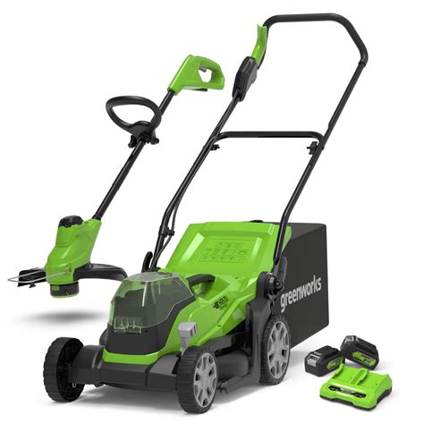 Greenworks 48v 36cm Cordless Lawnmower Plus 24v 25cm Line Trimmer 2 X 4ah Battery And 2a Twin