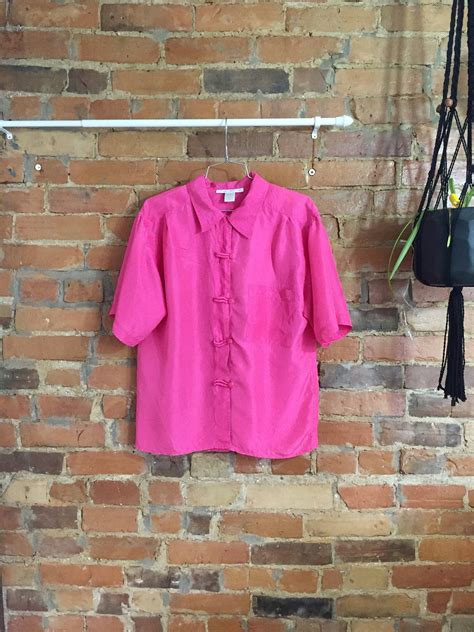 Hot Pink Silk Button Up Short Sleeve Blouse Etsy