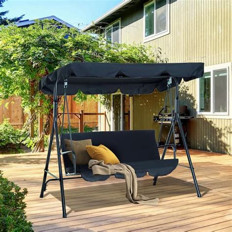 Person Metal Outdoor Patio Swing With Black Removable Cushion And