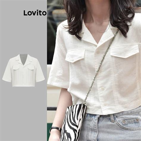 Lovito Blusa casual de bolso falso botão liso para mulheres