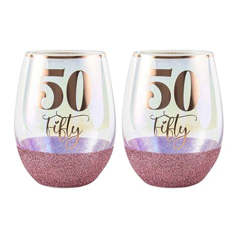 2pk Glitter 50th Celebration Stemless Wine Glass Pink 600ml Drinking Cup Tumbler The Warehouse