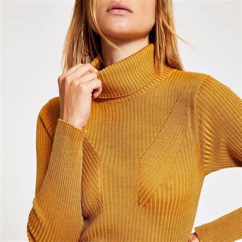 River Island Synthetic Dark Yellow Ribbed Knit Roll Neck Top Lyst