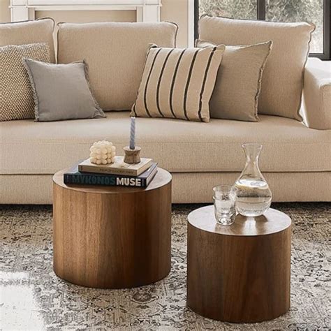 WILLIAMSPACE Nesting Coffee Table Set Of 2 Walnut Round Wooden Coffee