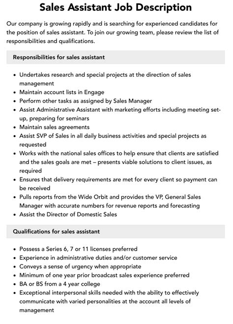 Sales Assistant Job Description Velvet Jobs