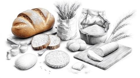 Detailed Pencil Drawing of Various Artisan Breads and Ingredients Stock ...