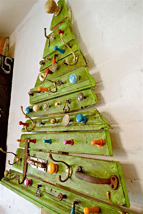 Unique Diy Wooden Christmas Tree With Knobs On Pillar Box Blue