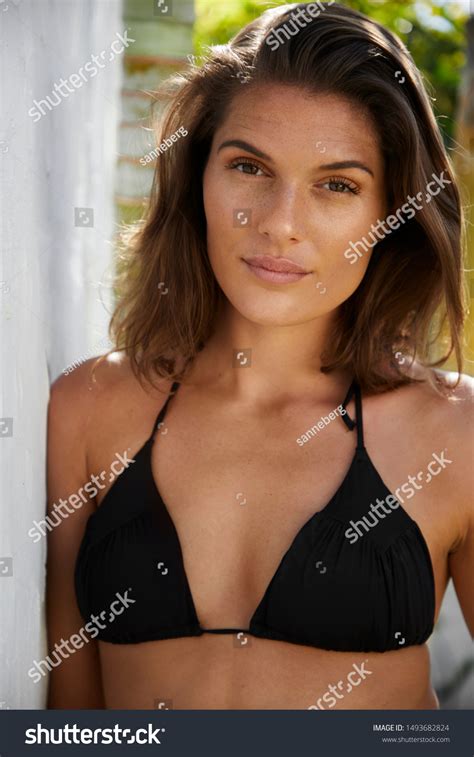 Beautiful Brunette Bikini Top Smiling Camera Stock Photo 1493682824 Shutterstock