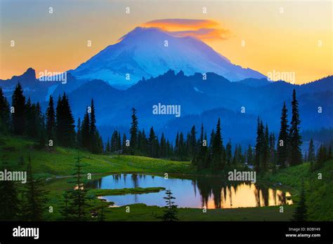 Mount Rainier at sunset from Tipsoo Lake Stock Photo - Alamy