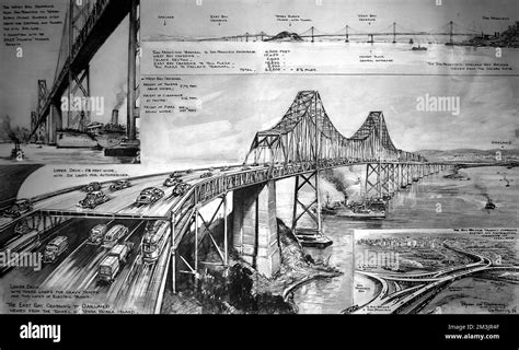 Illustration of San Francisco - Oakland Bay bridge, at the time the largest bridge system in the ...