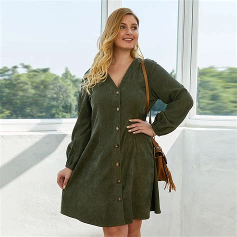 Spring 2020 Plus Size Corduroy Dress Elegant Women Long Sleeve Buttons V Neck Mini Dress Casual