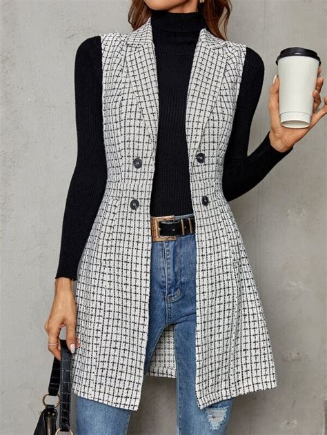 Shein Priv Plaid Double Breasted Lapel Collar Vest Coat Shein Usa