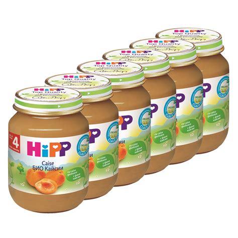 Опаковка от 6 броя плодови пюрета HIPP, Кайсии, 125 гр, Над 4 месеца ...