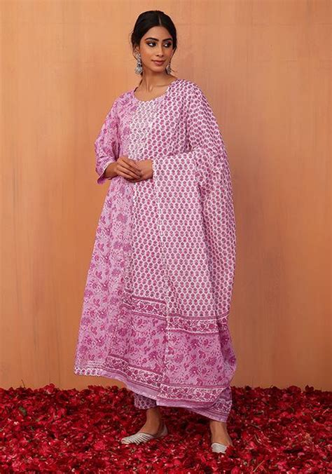 Buy Women Lavender Floral Jaal Print Cotton Anarkali Kurta With Pants