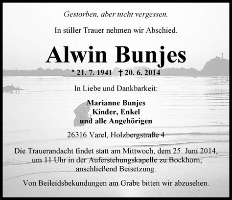 Traueranzeigen Von Alwin Bunjes Nordwest Trauer De