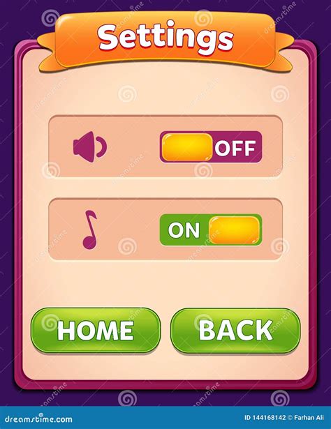 Settings Menu Scene Pop Up With Sound Music And Buttons Stock Vector