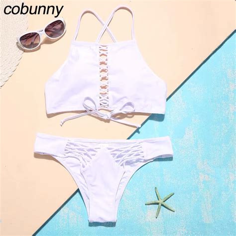 Cobunny High Neck Bikini Set White Solid Women Swimwear Push Up