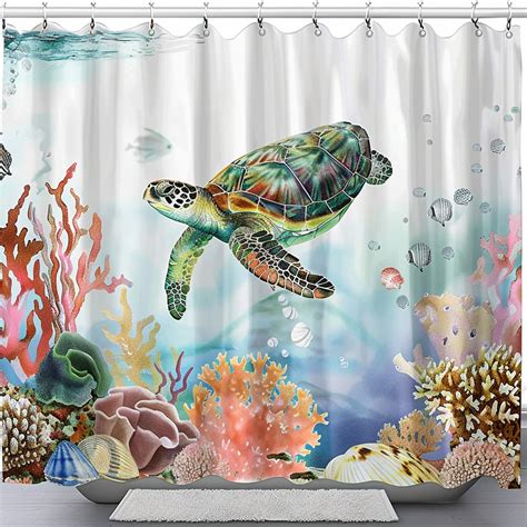 Ocean Turtle And Coral Reef Watercolor Shower Curtain Underwater Sea