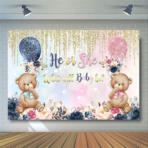 Bear Gender Reveal Backdrop He Or She Navy And Blush Floral Gender