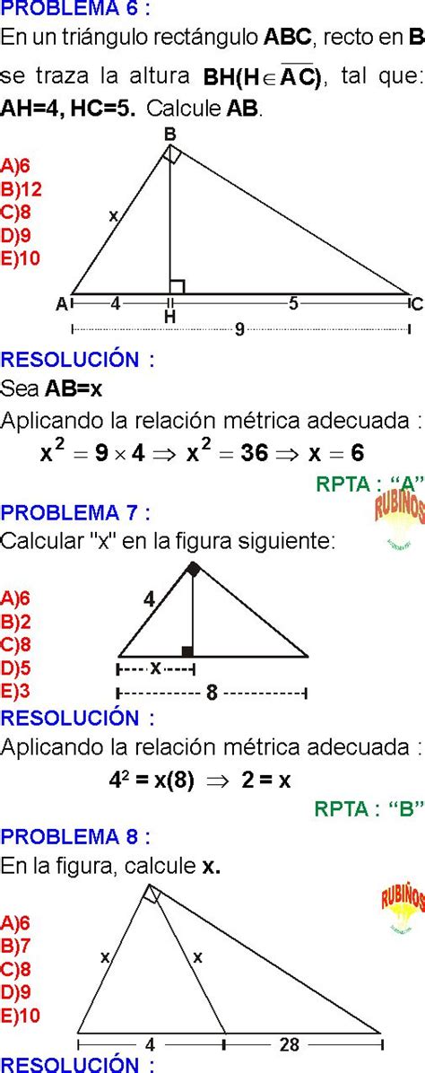 RELACIONES MÉTRICAS EN TRIÁNGULOS RECTÁNGULOS EJERCICIOS RESUELTOS PDF