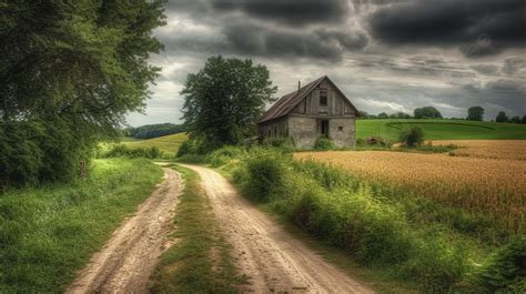 Camino De Tierra Conduce A Una Granja Con Una Antigua Casa Abandonada