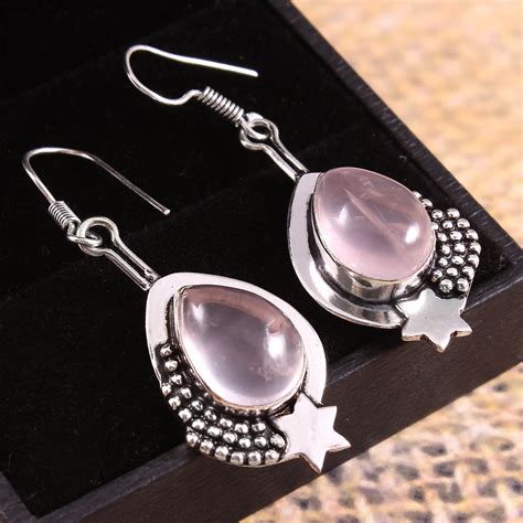 Rose Quartz Gemstone Silver Earrings Sterling Silver Etsy