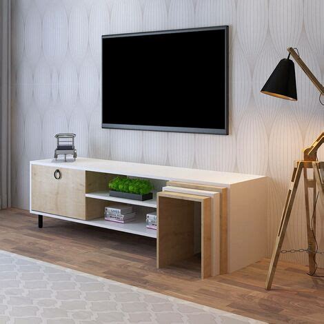 Ensemble Meuble Tv Et Tables Basses Gigognes Boise Ch Ne Clair Et Blanc