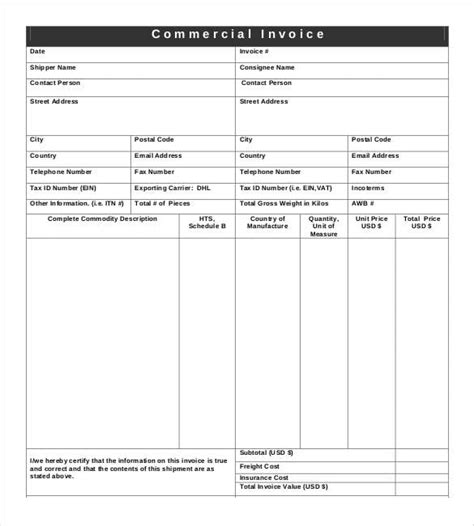 Commercial Invoice Templates Free Printable Xlsx Word Samples