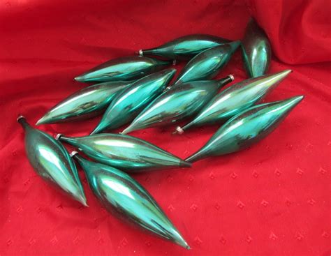 Rare 12 Vintage Mercury Glass Green Teardrop Ornaments Made In West Germany 5 14l Glass