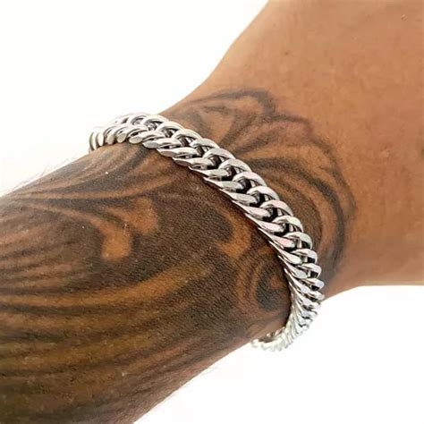 Pulseira Masculina Elo Duplo Grossa Aço Inox Prata Legítimo