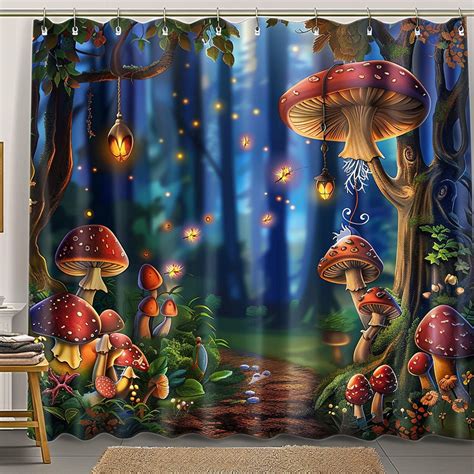 Enchanting Fantasy Forest Shower Curtain With Mushrooms And Fireflies