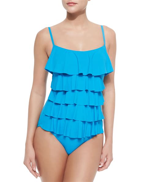 Michael Michael Kors Tiered Ruffled One Piece Swimsuit In Blue Azure