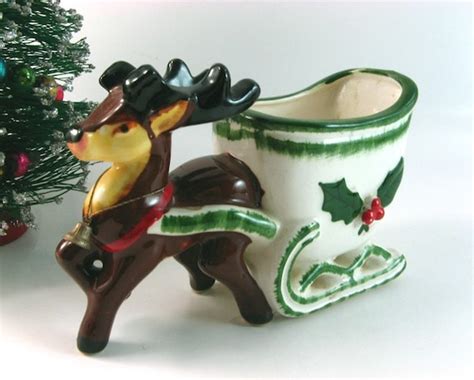 Vintage Napco Christmas Reindeer And Sleigh Ceramic Planter