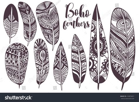 Boho Feather Hand Drawn Set Vector Stock Vector Royalty Free