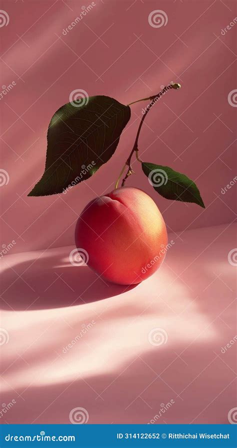 Single Ripe Peach With Leaves Casting A Soft Shadow On A Pink Surface