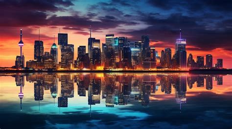 Premium Photo Glowing City Skyline Reflects On Waterfront At Dusk