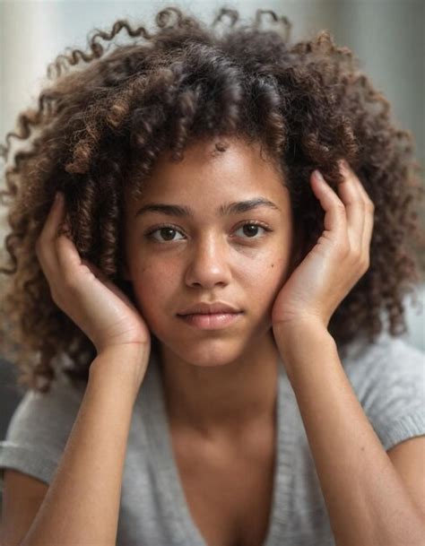 A woman with curly hair is holding her head with her hand on her head ...