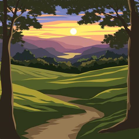 Sunset Landscape With Mountains Lake And Forest Vector Art At